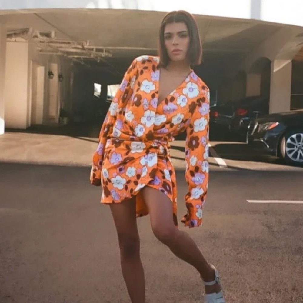 Floral Satin Neon Orange Zara Dress